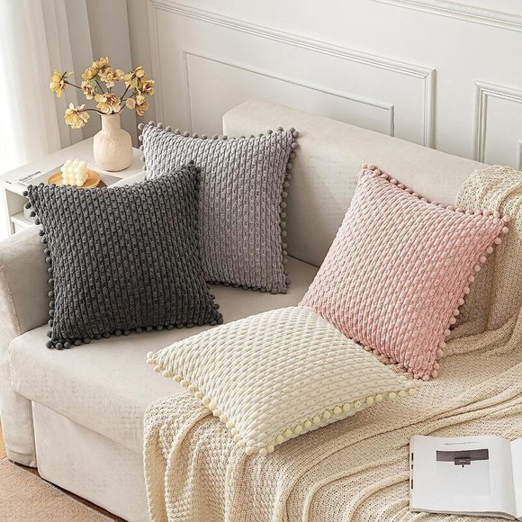 Pompom Orange Stripe Texture Corduroy Farmhouse Cute Luxury Soft PillowCover Set - Picture 7 of 7